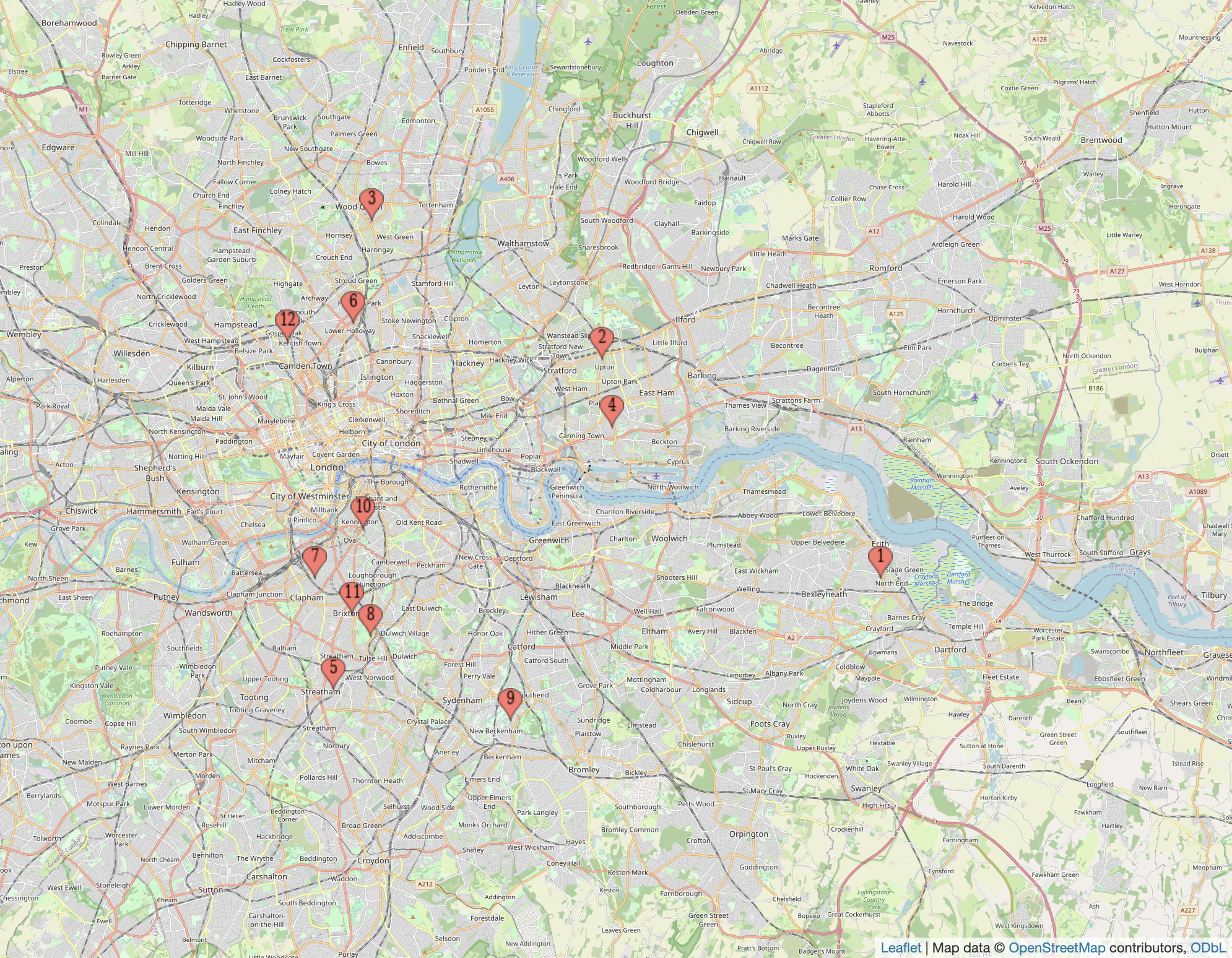 A map of London showing the locations of AVOCADO+ organisations' headquarters