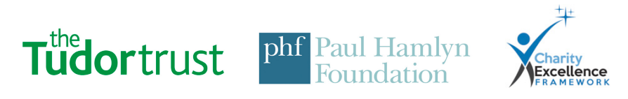 The logos of the Tudor trust, Paul Hamlyn Foundation and Charity Excellence Framework 